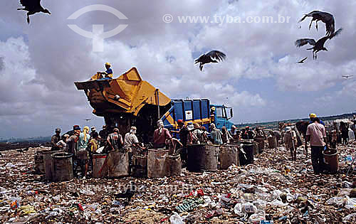  Assunto: Pessoas catando lixo em aterro sanitário ou lixão com urubus voando acima / Local: Fortaleza 