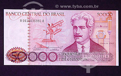  Dinheiro - Cédula de Cinqüenta mil Cruzeiros, antiga moeda brasileira 