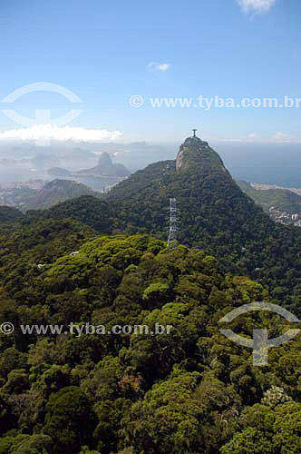  Vista aérea de mata florestada em montanhas com Cristo Redentor e Pão de Açucar ao fundo - Rio de Janeiro - RJ - Brasil  - Rio de Janeiro - Rio de Janeiro - Brasil