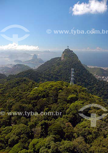  Vista aérea de mata florestada em montanhas com Cristo Redentor e Pão de Açucar ao fundo - Rio de Janeiro - RJ - Brasil  - Rio de Janeiro - Rio de Janeiro - Brasil