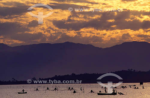  Pescadores descendentes de portugueses com redes típicas para a pesca do camarão;  ao fundo, o recorte da Serra do Mar - litoral de Laguna - Santa Catarina state - Brazil  - Laguna - Santa Catarina - Brasil