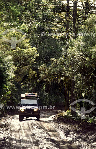  Carro 4x4 de farol aceso em estrada de terra - RS - Brasil  - Rio Grande do Sul - Brasil