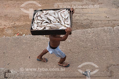  Assunto: Trabalhador carregando caixa de peixes no porto de Manaus / Local: Manaus - Amazonas (AM) - Brasil / Data: 01/11/2009 