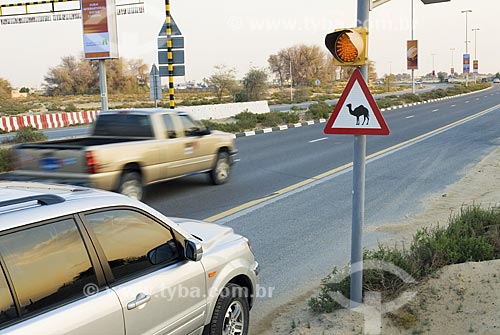  Assunto: Detalhe de placa em estrada alertando eventuais camelos na via  / Local:  Dubai - Emirados Árabes  / Data: Janeiro 2009  
