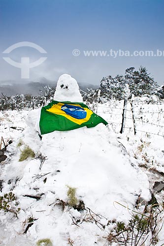  Assunto: Boneco de neve coberto com bandeira do Brasil / Local: Urubici - Santa Catarina (SC) - Brasil / Data: 05/08/2010 