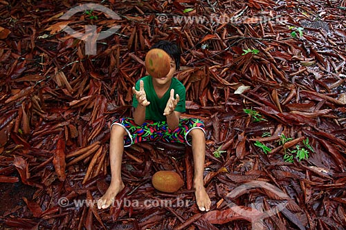 Assunto: Criança sentada brincando com cupuaçu / Local: Manaus - Amazonas (AM) - Brasil  / Data: 03/2011 