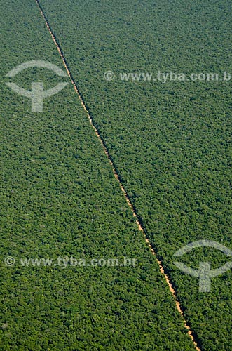  Assunto: Vista aérea de estrada de terra em área de cerradão preservada / Local: Querência - Mato Grosso (MT) - Brasil / Data: 07/2011 