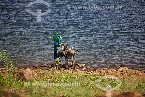  Assunto: Homem transportando água do Açude Joana em plena estiagem no lombo de burro / Local: Pedro II - Piauí (PI) - Brasil / Data: 01/2012 