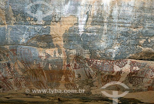  Assunto: Inscrições rupestres no sítio arqueológico Alcobaça no Parque Nacional do Catimbau  - Coluna crono estratigráfica que abrange desde 4.600 a 880 anos AP / Local: Buíque - Pernambuco (PE) - Brasil / Data: 08/2012 