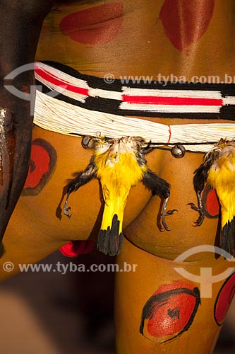  Índios Yawalapiti enfeitado com pintura, guisos, adorno corporal e pássaros mortos amarrados na cintura durante o ritual do Kuarup - cerimônia deste ano em homenagem ao antropólogo Darcy Ribeiro - Imagem licenciada (Released 94) - ACRÉSCIMO DE 100% SOBRE O VALOR DE TABELA  - Gaúcha do Norte - Mato Grosso - Brasil