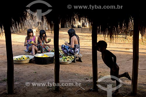  Assunto: Mulher e crianças da aldeia Aiha Kalapalo cortando Pequi (Caryocar brasiliense) para o preparo do mingau - ACRÉSCIMO DE 100% SOBRE O VALOR DE TABELA / Local: Querência - Mato Grosso (MT) - Brasil / Data: 10/2012 