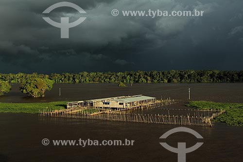  Assunto: Armazém para beneficiamento da Juta às margens do Rio Amazonas próximo à Itacoatiara com nuvens de chuva no céu / Local: Itacoatiara - Amazonas (AM) - Brasil / Data: 07/2013 