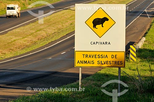  Assunto: Placa indicando travessia da Capivara (Hydrochoerus hydrochaeris) na Rodovia Euclides da Cunha (SP-320) / Local: Urânia - São Paulo (SP) - Brasil / Data: 07/2013 