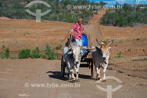  Sertanejo José Francisco de Lima e carro de boi com tonéis de água em vilarejo na zona rural  - Custódia - Pernambuco - Brasil