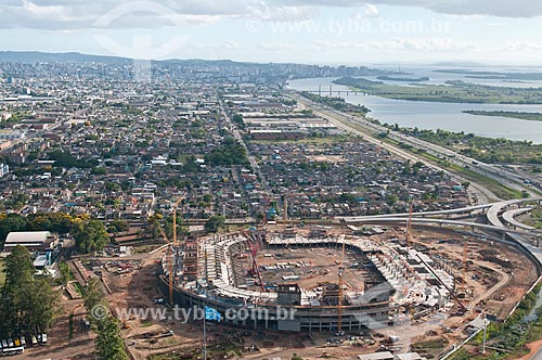  Assunto: Vista aérea da construção da Arena do Grêmio (2012) com o Delta do Jacuí ao fundo / Local: Humaitá - Porto Alegre - Rio Grande do Sul (RS) - Brasil / Data: 01/2012 