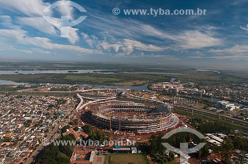  Assunto: Vista aérea da construção da Arena do Grêmio (2012) com o Delta do Jacuí ao fundo / Local: Humaitá - Porto Alegre - Rio Grande do Sul (RS) - Brasil / Data: 05/2012 