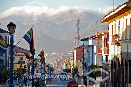  Assunto: Rua da cidade de Cusco enfeitada para o Inti Raymi - festival religioso da civilização Inca em homenagem a Inti, o deus-sol, que marca o solstício de inverno / Local: Cusco - Peru - América do Sul / Data: 06/2012 