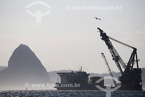  Assunto: Navio guindaste com o Pão de Açúcar ao fundo visto a partir de Niterói / Local: Rio de Janeiro (RJ) - Brasil / Data: 03/2014 