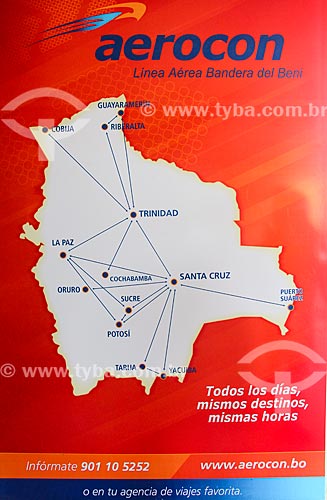  Mapa com os destinos disponíveis na Aerocon - Linhas Aéreas  - Departamento Potosí - Bolívia