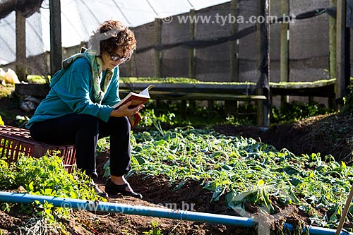  Mulher lendo em meio a plantação de hortaliças  - Petrópolis - Rio de Janeiro (RJ) - Brasil
