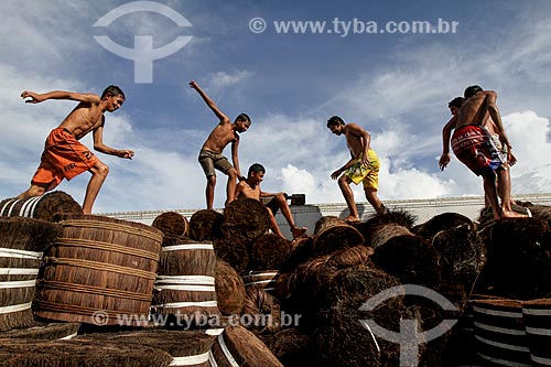  Jovens brincando em meio ao carregamento de Piaçava (Attalea funifera) no porto da cidade de Barcelos  - Barcelos - Amazonas (AM) - Brasil