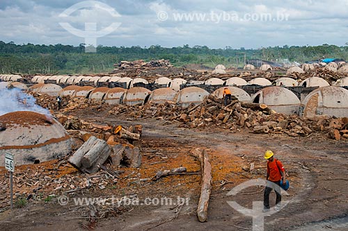  Trabalhador produzindo carvão para siderurgia com sobras de madeira de manejo florestal  - Paragominas - Pará (PA) - Brasil