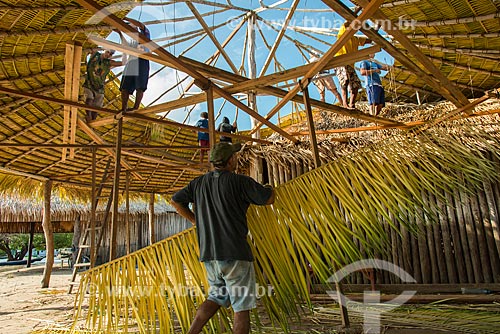 Homens construindo telhado de quiosque com a palha da curuá-pixuna (Orbignya Pixuna)  - Santarém - Pará (PA) - Brasil