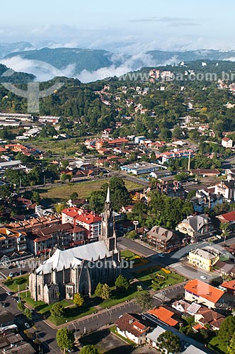  Foto aérea da Paróquia de Nossa Senhora de Lourdes - também conhecida como Catedral de Pedra  - Canela - Rio Grande do Sul (RS) - Brasil