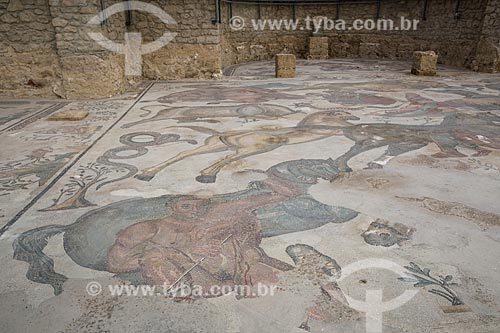  Detalhe de mosaico no interior o triclínio representando o culto à Baco e Hércules - Villa Romana del Casale - antiga palácio construído no século IV  - Piazza Armerina - Província de Enna - Itália