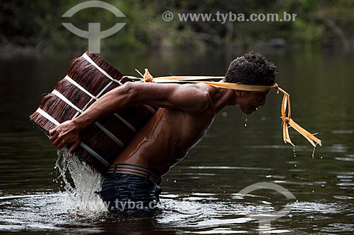  Homem carregando piaçava (Attalea funifera) pelo Rio Negro  - Barcelos - Amazonas (AM) - Brasil