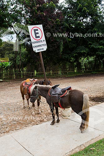  Cavalos amarrados em placa que diz: somente para charretes, início  - Tiradentes - Minas Gerais (MG) - Brasil