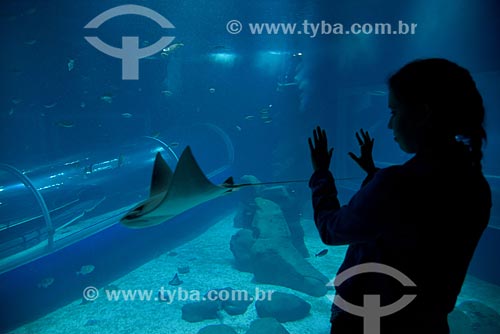  Visitante no interior do AquaRio - aquário marinho da cidade do Rio de Janeiro - observando arraia  - Rio de Janeiro - Rio de Janeiro (RJ) - Brasil