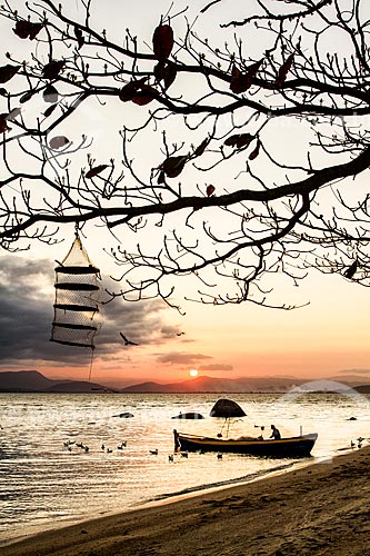  Silhueta de barco e pescador na Praia da Tapera ao pôr do sol  - Florianópolis - Santa Catarina (SC) - Brasil