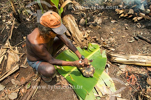  Índio preparando jabuti-piranga (Chelonoidis carbonaria) para assar na Aldeia Moikarakô - Terra Indígena Kayapó  - São Félix do Xingu - Pará (PA) - Brasil