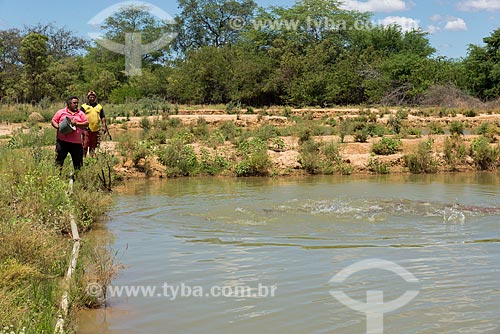  Homem alimentando peixes em tanque de piscicultura na Aldeia Caatinga Grande - Tribo Truká  - Cabrobó - Pernambuco (PE) - Brasil