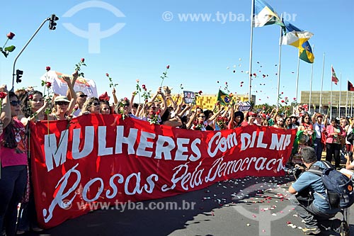 Faixa que diz: Mulheres com Dilma, Rosas pela Democracia - na Esplanada dos Ministérios durante a sessão de julgamento do impeachment da Presidente Dilma Rousseff no Senado Federal  - Brasília - Distrito Federal (DF) - Brasil