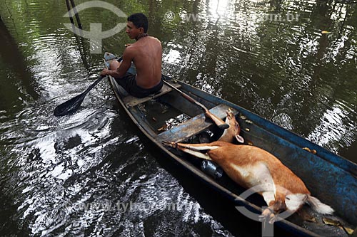  Ribeirinho levando em sua canoa veado caçado na floresta amazônica  - Amazonas (AM) - Brasil