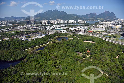  Foto aérea do Parque Natural Municipal Bosque da Barra com a Pedra da Gávea ao fundo  - Rio de Janeiro - Rio de Janeiro (RJ) - Brasil
