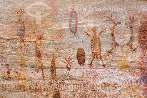  Detalhe de pintura rupestre - figura de animais e pessoas - no Sítio Arqueológico Toca do João Arsena no Parque Nacional Serra da Capivara  - São Raimundo Nonato - Piauí (PI) - Brasil