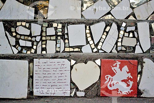  Detalhe de azulejo com a oração de São Jorge e o desenho de São Jorge em escadaria na Avenida Mem de Sá  - Rio de Janeiro - Rio de Janeiro (RJ) - Brasil