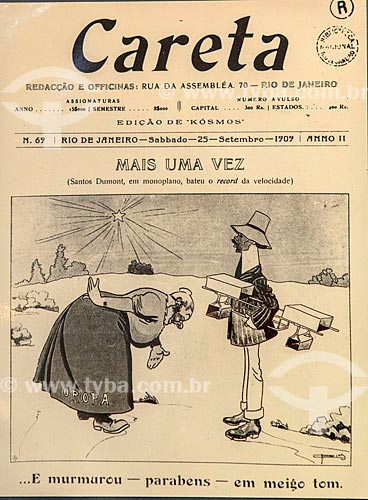  Charge sobre Santos Dumont na capa da revista humorística Careta edição de 25 de setembro de 1909 - reprodução do acervo do Museu Aeroespacial na Base Aérea dos Afonsos  - Rio de Janeiro - Rio de Janeiro (RJ) - Brasil