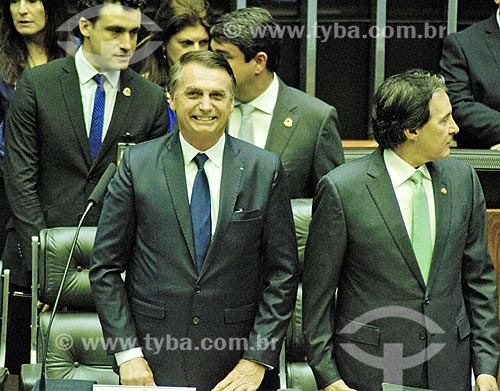  Presidente Jair Bolsonaro e o Senador Eunício Oliveira - presidente do Senado Federal - no plenário da Câmara dos Deputados durante a cerimônia de posse presidencial  - Brasília - Distrito Federal (DF) - Brasil