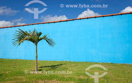  Céu azul e muro de casa na cidade de Guarani  - Guarani - Minas Gerais (MG) - Brasil