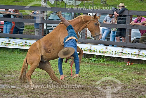  Ginete caindo do cavalo durante rodeio de gineteada  - Canela - Rio Grande do Sul (RS) - Brasil