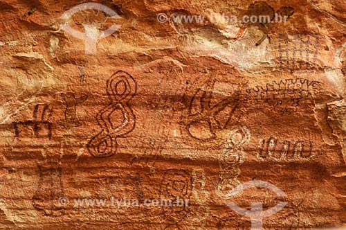  Detalhe de pintura rupestre - Sítio Arqueológico Gruta do Pitoco - na Serra do Bom Sucesso  - Alcinópolis - Mato Grosso do Sul (MS) - Brasil