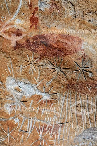  Detalhe de pinturas rupestres e petróglifos - Sítio Arqueológico Pata da Onça - na Serra do Bom Jardim  - Alcinópolis - Mato Grosso do Sul (MS) - Brasil