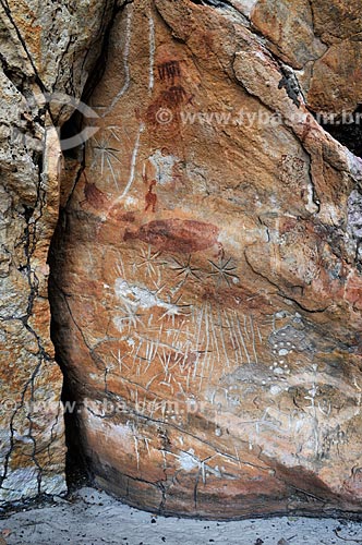  Detalhe de pinturas rupestres e petróglifos - Sítio Arqueológico Pata da Onça - na Serra do Bom Jardim  - Alcinópolis - Mato Grosso do Sul (MS) - Brasil