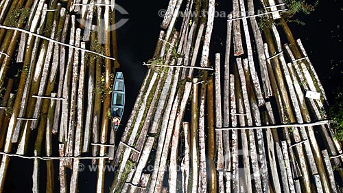  Foto feita com drone de toras de madeira ilegal como Samaúma, Cedro, Mogno, Itaúba, Assaçu, entre outras apreendidas na Comunidade Santo Antônio. As toras são advindas da Reserva de Desenvolvimento Sustentável (RDS) do Piranha e da RDS do Piagaçú-Purús  - Manacapuru - Amazonas (AM) - Brasil