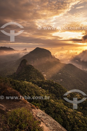 Vista de montanhas do Parque Nacional da Tijuca ao amanhecer a partir da Pedra Bonita  - Rio de Janeiro - Rio de Janeiro (RJ) - Brasil