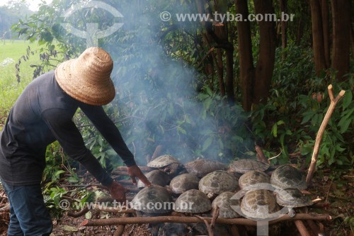 Tartarugas em fogão improvisado para alimentação dos pescadores durante o manejo do Pirarucu - Reserva de Desenvolvimento Sustentável Piagaçu-Purus - Beruri - Amazonas (AM) - Brasil